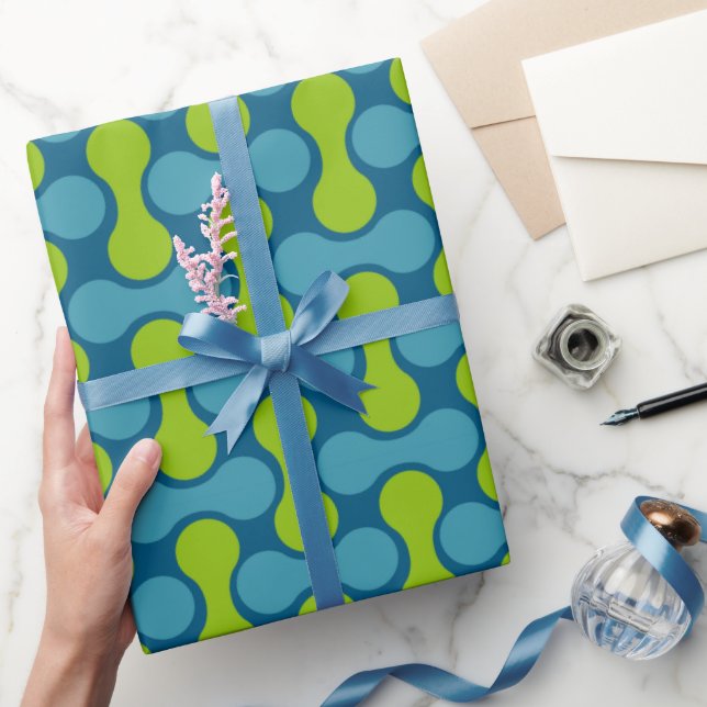 Modern Retro Link Pattern in Blue and Green Wrapping Paper (Gifting)