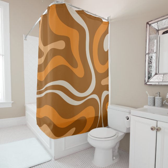 Modern Retro Liquid Swirl 70s Abstract Pattern Shower Curtain (In Situ)