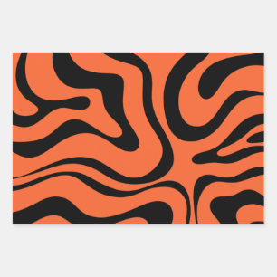 Modern Retro Liquid Swirl Abstract Black Orange Wrapping Paper Sheets