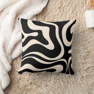 Modern Retro Liquid Swirl Abstract Pattern Black Throw Pillow