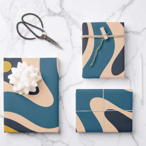Modern Retro Liquid Swirl Abstract Pattern Blue Wrapping Paper Sheets