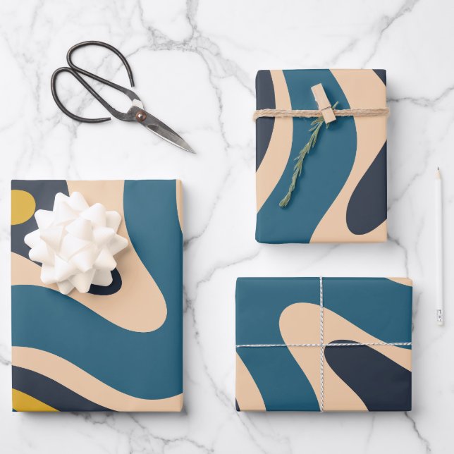 Modern Retro Liquid Swirl Abstract Pattern Blue Wrapping Paper Sheets (Front)