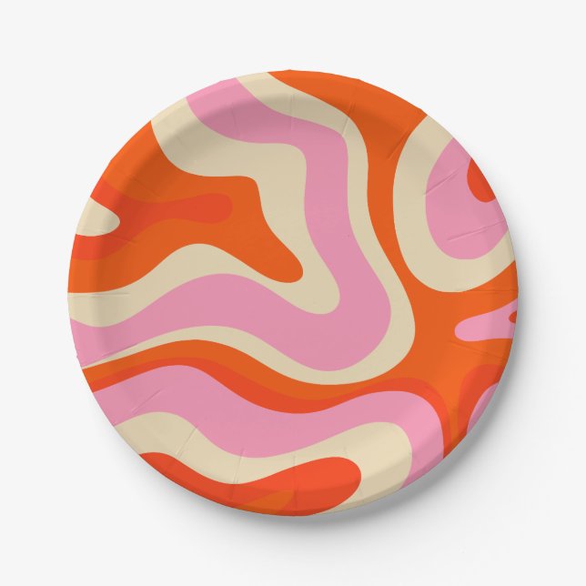 Modern Retro Liquid Swirl Abstract Pattern Pink Paper Plates (Front)