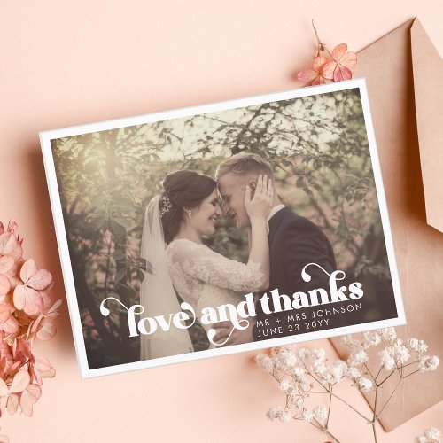 Modern Retro Love and Thanks Wedding Photo Postcard