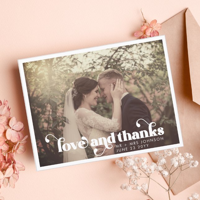 Modern Retro Love and Thanks Wedding Photo Postcard (Creator Uploaded)