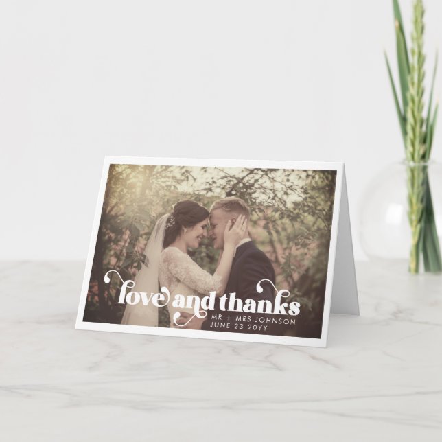 Modern Retro Love and Thanks Wedding Photo Thank You Card (Front)