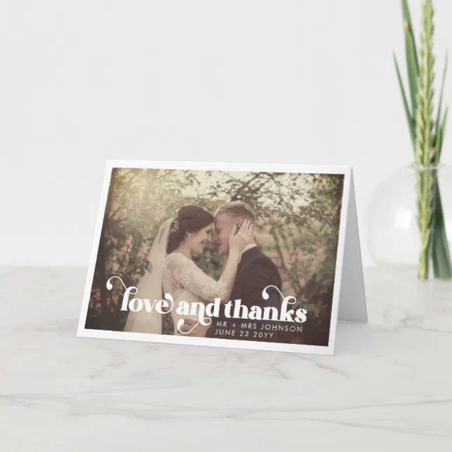 Modern Retro Love and Thanks Wedding Photo Thank You Card | Zazzle