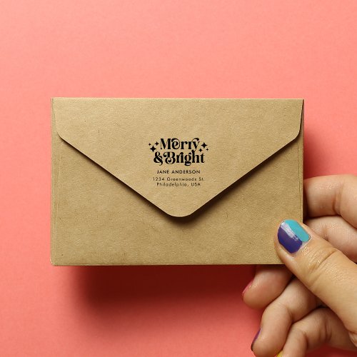 Modern Retro Merry and Bright Name Christmas Rubber Stamp