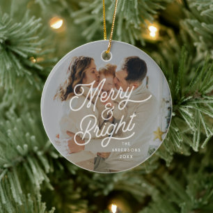 Modern Retro Merry and Bright Photo Bold Script  Ceramic Ornament