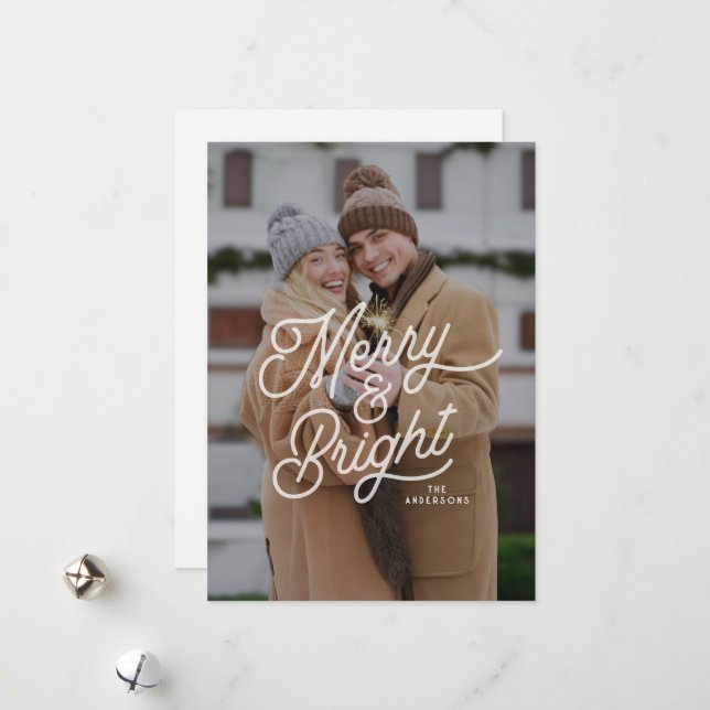 Modern Retro Merry and Bright Photo Bold Script  Holiday Card (Front/Back In Situ)