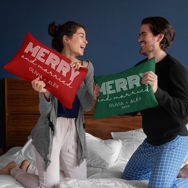 Modern Retro Merry and Married First Christmas Lumbar Pillow (Creator Uploaded)