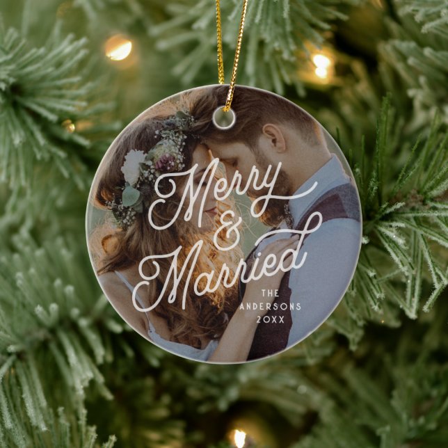 Modern Retro Merry and Married Photo Bold Script  Ceramic Ornament (Tree)