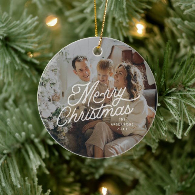 Modern Retro Merry Christmas Photo Bold Script  Ceramic Ornament (Tree)