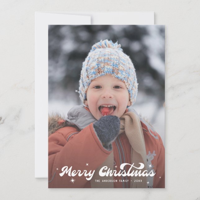 Modern Retro Merry Christmas Photo Snowflakes Star Holiday Card (Front)