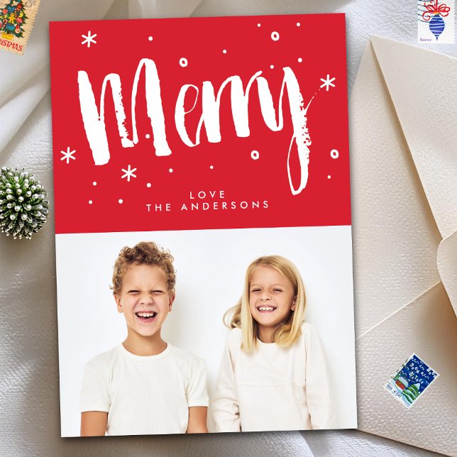 Modern Retro MERRY Lettering Red Christmas Photo Holiday Card (Creator Uploaded)