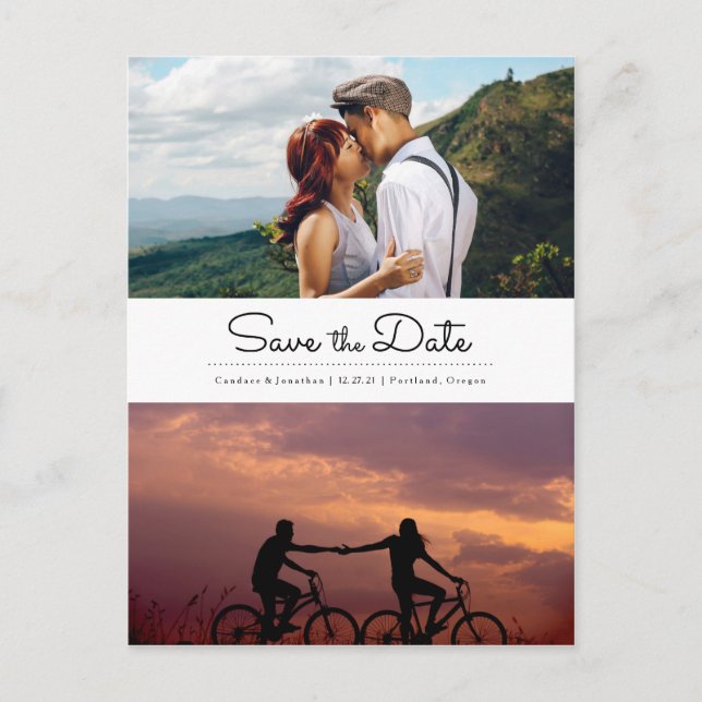 Modern Retro Minimalist Two Photo Save the Date Announcement Postcard (Front)