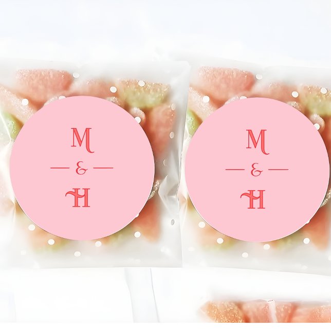 Modern Retro Monogram Pink & Red Wedding Classic Round Sticker (Creator Uploaded)
