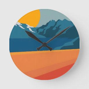Modern Retro Mountain Landscape – Vibrant Red and Round Clock