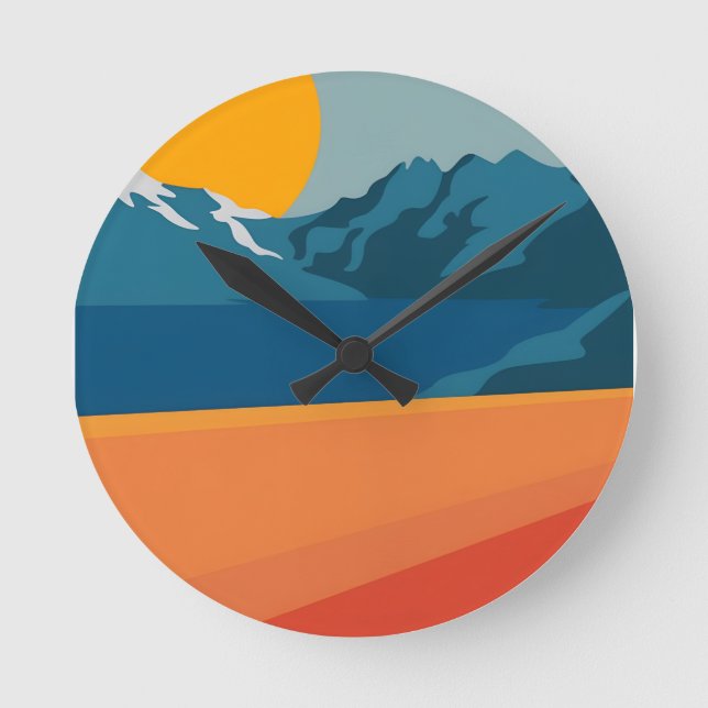 Modern Retro Mountain Landscape – Vibrant Red and  Round Clock (Front)