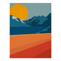 Modern Retro Mountain Landscape – Vibrant Red
