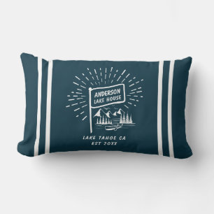 Modern Retro Nautical Lake House Oars Navy Blue Lumbar Pillow