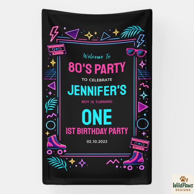 Modern Retro Neon 80’s 1st Birthday Party Banner (Modern Retro Neon 80’s 1st Birthday Party Banner)