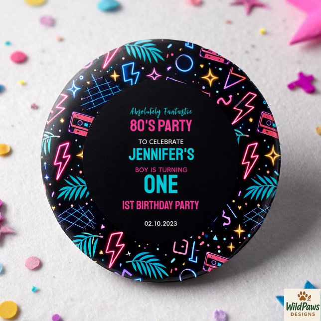 Modern Retro Neon 80’s 1st Birthday Party Button (Modern Retro Neon 80’s 1st Birthday Party Button)