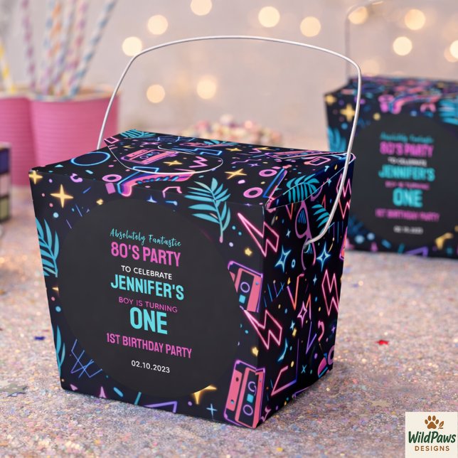 Modern Retro Neon 80’s 1st Birthday Party Favor Boxes (Modern Retro Neon 80’s 1st Birthday Party Favor Boxes)