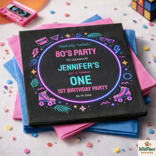 Modern Retro Neon 80’s 1st Birthday Party Napkins