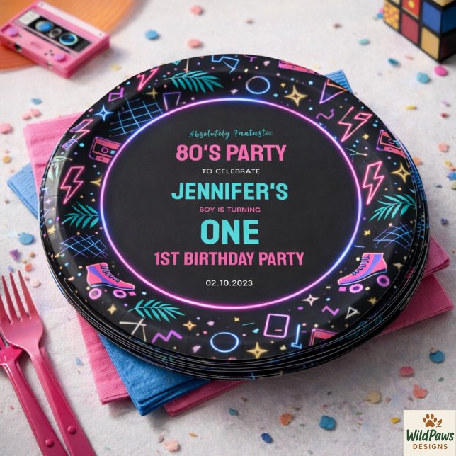 Modern Retro Neon 80’s 1st Birthday Party Paper Plates (Modern Retro Neon 80’s 1st Birthday Party Paper Plates
)