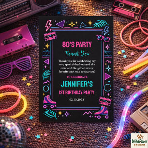 Modern Retro Neon 80’s 1st Birthday Party Thank You Card