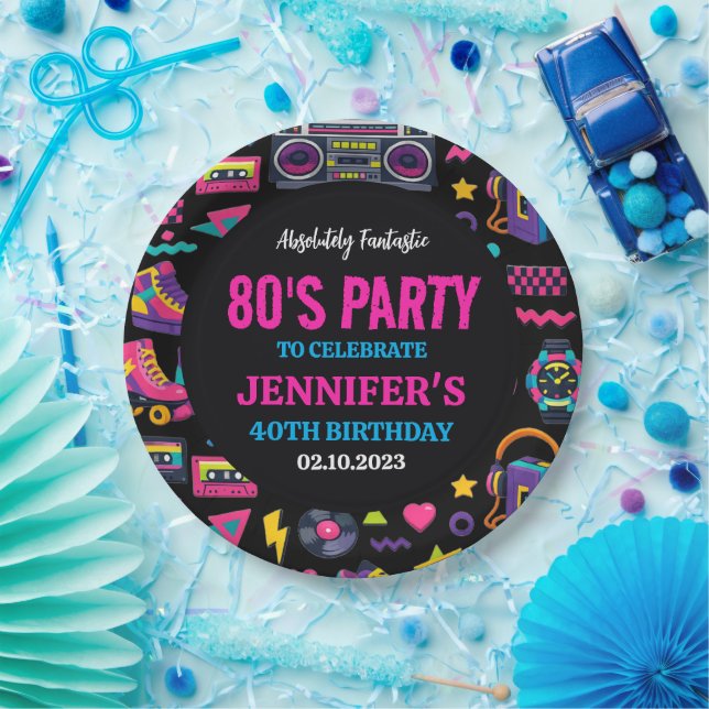 Modern Retro Neon 80’s Birthday Party for Adults Paper Plates (Party)