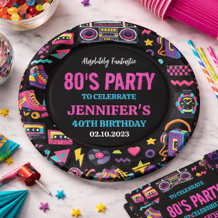 Modern Retro Neon 80’s Birthday Party for Adults Paper Plates
