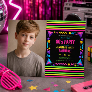 Modern Retro Neon 80's Birthday Party Invitation