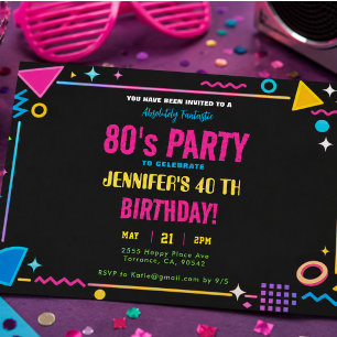 Modern Retro Neon 80's Birthday Party Invitation