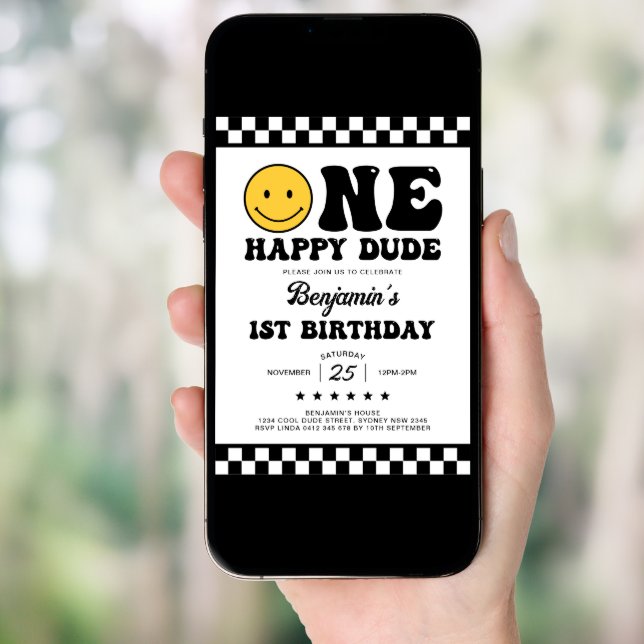 Modern Retro One Happy Dude Boy First 1st Birthday Invitation (Front Digital)