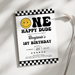Modern Retro One Happy Dude Boy First 1st Birthday Invitation