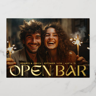 Modern Retro Open Bar Photo Save The Date Gold Foil Invitation