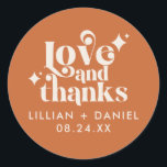 Modern Retro Orange and Cream Wedding Thank You Classic Round Sticker<br><div class="desc">This Modern Retro Orange and Cream Wedding Thank You Classic Round Sticker is a great way to add a little more personalization to your big day. The color palette of orange and cream gives this an extra modern,  yet vintage retro look. Say thank you with Love & Thanks.</div>
