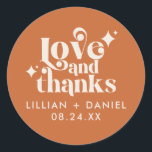 Modern Retro Orange and Cream Wedding Thank You Classic Round Sticker<br><div class="desc">This Modern Retro Orange and Cream Wedding Thank You Classic Round Sticker is a great way to add a little more personalization to your big day. The color palette of orange and cream gives this an extra modern,  yet vintage retro look. Say thank you with Love & Thanks.</div>