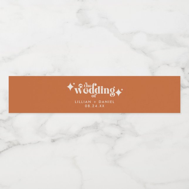 Modern Retro Orange and Cream Wedding Water Bottle Label (Single Label)