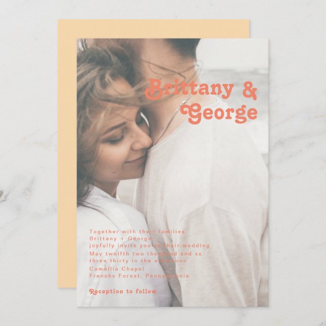 Modern Retro | Orange Cream Faded Photo Wedding Invitation (Front/Back)