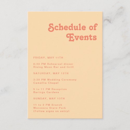 Modern Retro  Orange Cream Schedule of Events Enclosure Card