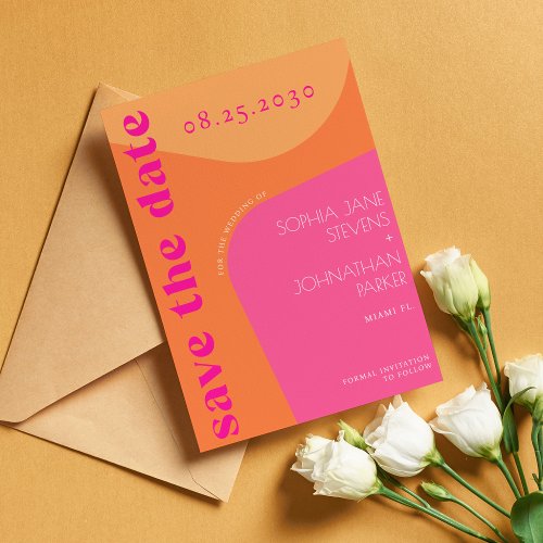 Modern retro orange pink abstract shapes wedding save the date