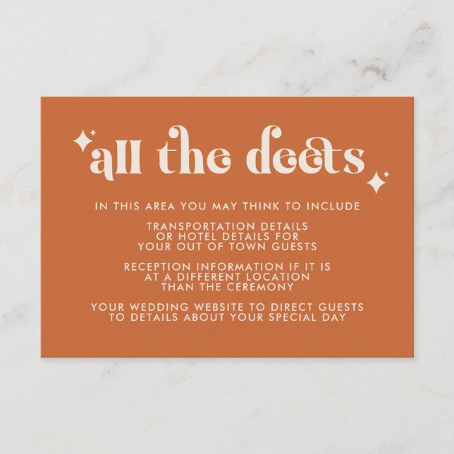 Modern Retro Orange Wedding Details Enclosure Card (Front)