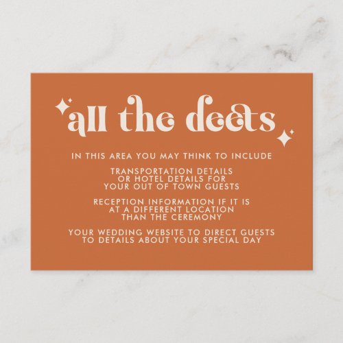 Modern Retro Orange Wedding Details Enclosure Card