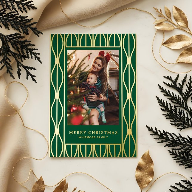 Modern Retro Ornament Pattern Photo Christmas Foil Holiday Card (Modern Retro Ornament Pattern Photo Christmas Foil Holiday Card)