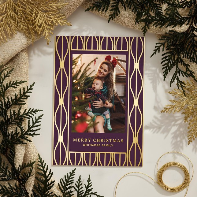 Modern Retro Ornament Pattern Photo Christmas Foil Holiday Card (Modern Retro Ornament Pattern Photo Christmas Foil Holiday Card)