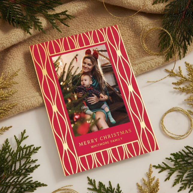 Modern Retro Ornament Pattern Photo Christmas Foil Holiday Card (Modern Retro Ornament Pattern Photo Christmas Foil Holiday Card)