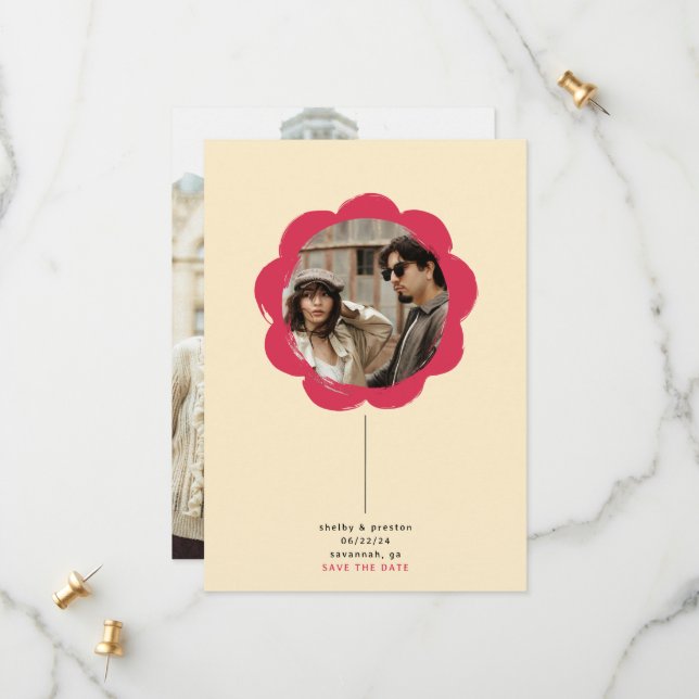 Modern Retro Painted Flower Frame Photo Wedding Save The Date (Front/Back In Situ)